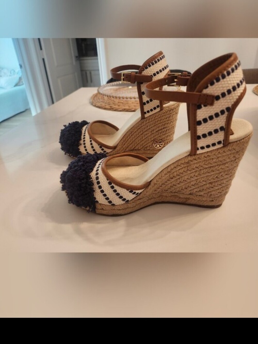 Tory Burch Shaw Espadrille Wedge Sandals In Navy Sea & Royal Tan Sz 8 - Picture 11 of 13